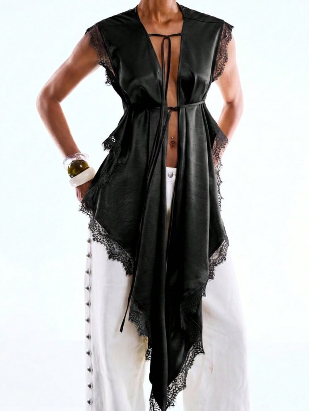 Black Sexy Women's Minimalist Deep V Sleeveless Top - Picture 4 of 8
